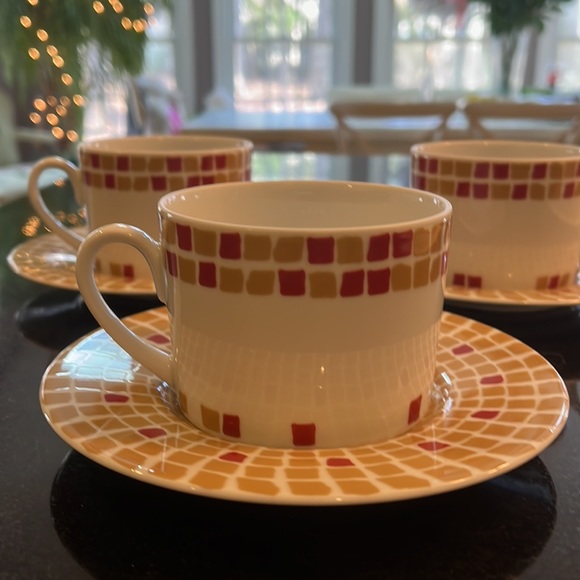 Red & Gold Mosaic Cup & Saucer by Bridget Dobson - Set of 3 - Picture 2 of 9